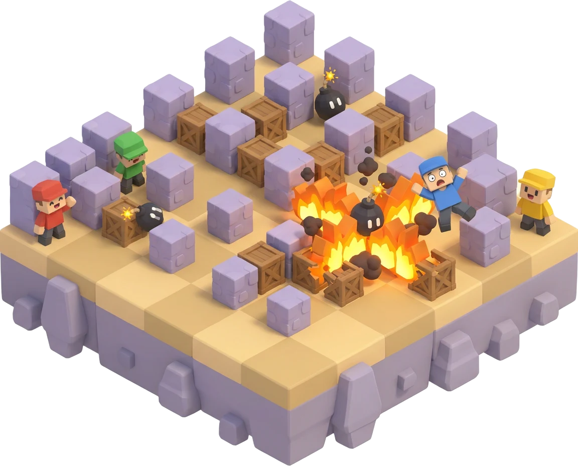 Fusetown arena with players dodging a bomb blast